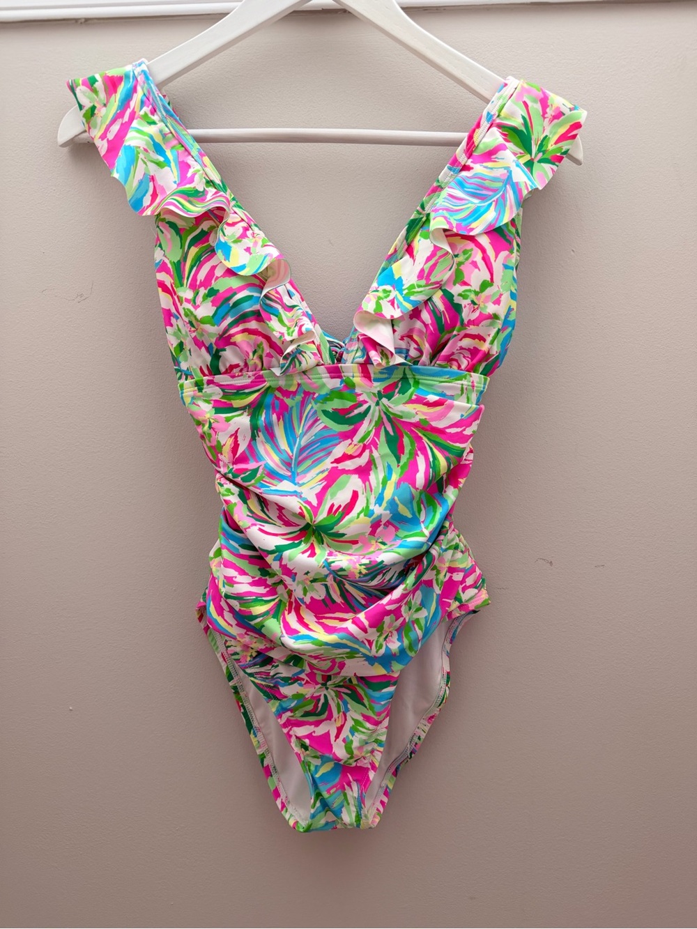Crown and Ivy Vibrant Tropical Ruffle Neck One Piece Swimsuit